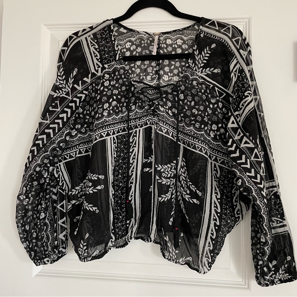 Free People 100% Cotton Gauze Mixed Print Peasant Blouse Size XS